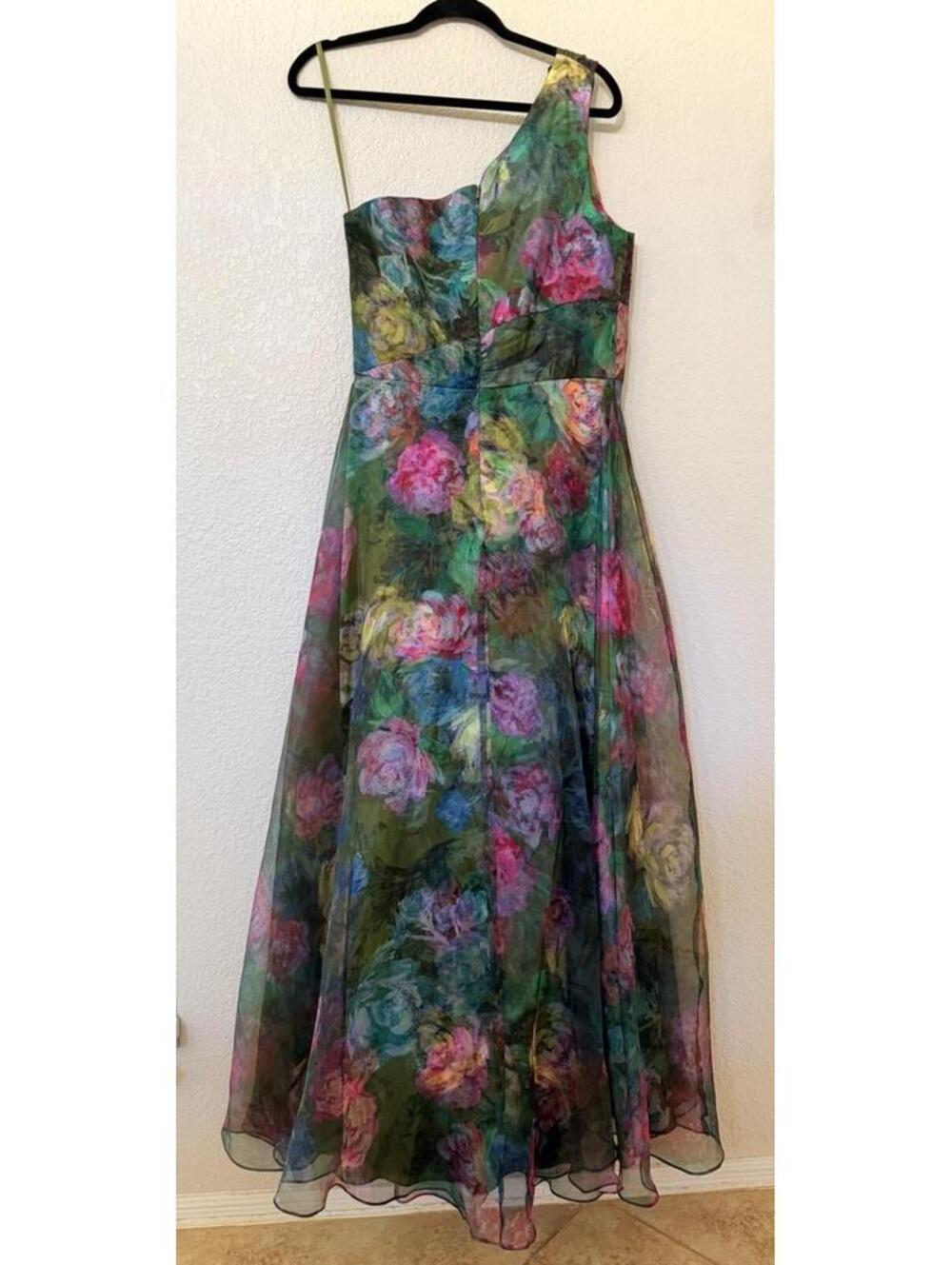 New Xscape Evenings One-Shoulder Floral Organza Gown In Green/ Multi Sz 8 $298 - Picture 9 of 13